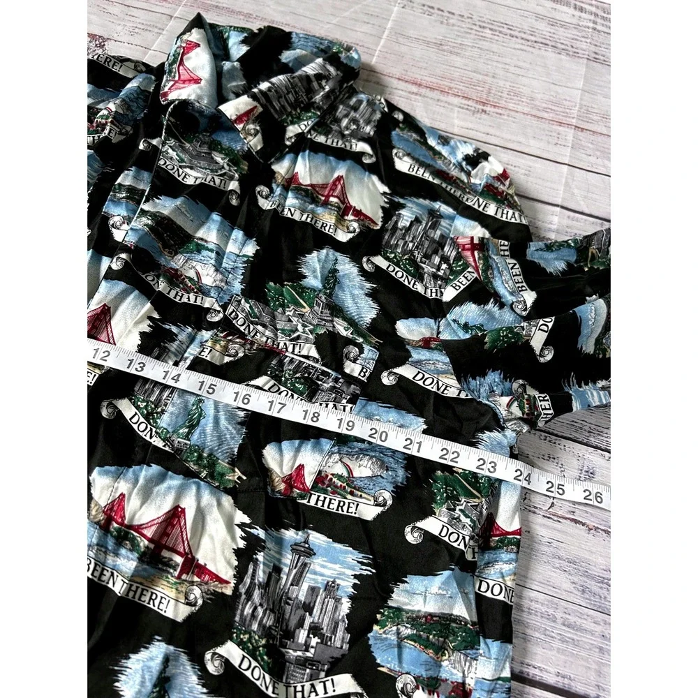 Joe Boxer VTG 100% Silk Pajama Set Men Black Novelty Travel Landmark Print Large